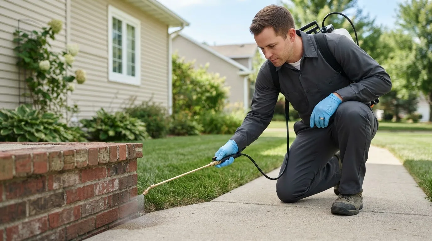 Pest control technician treating a home near Cannon Ball, ND